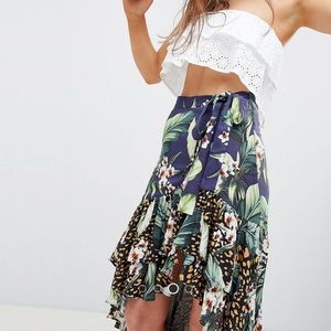 Asos Design mixed jungle print high low ruffle hem maxi skirtr